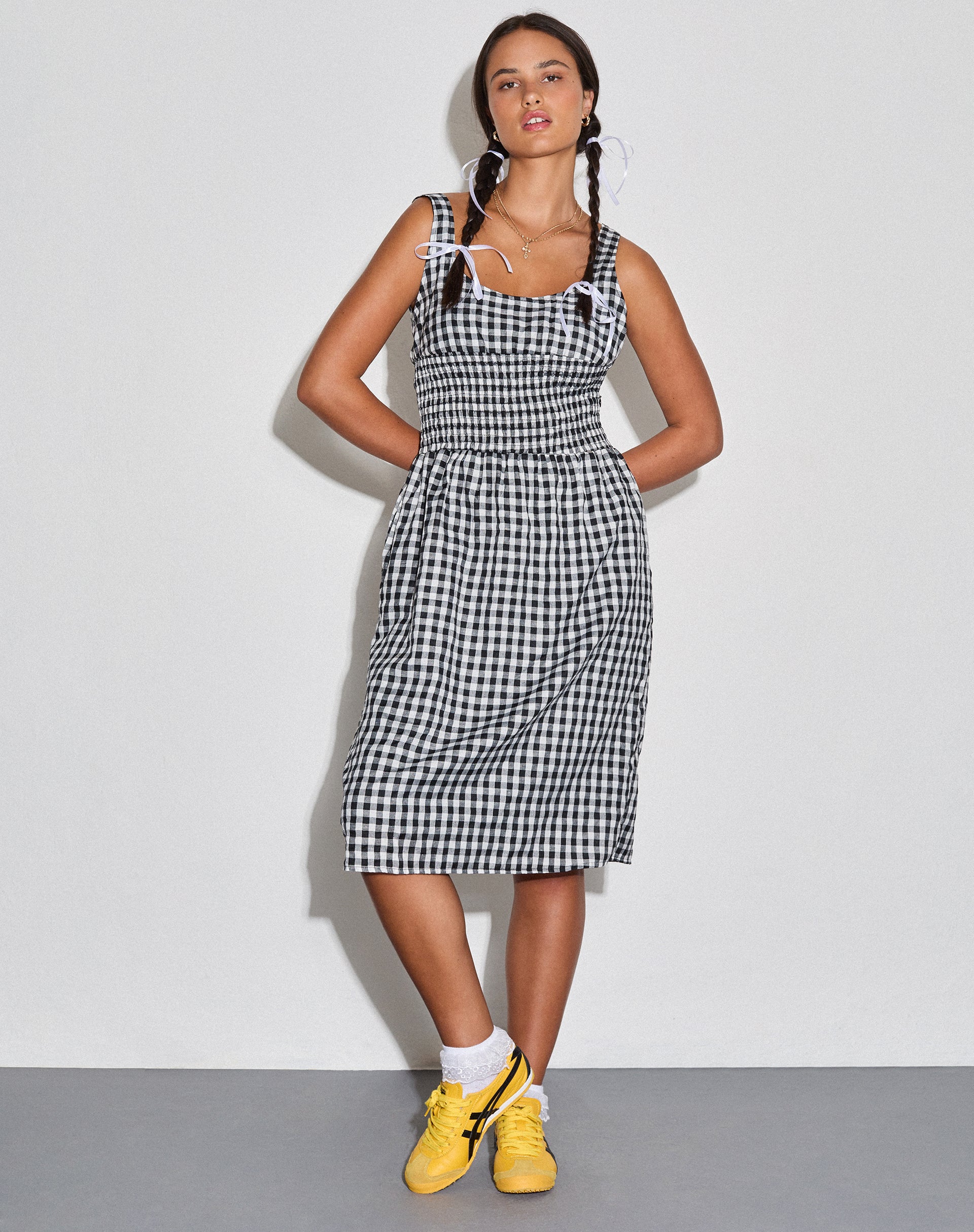Ambrose Midi Dress in Black and White Gingham-Nico Sky