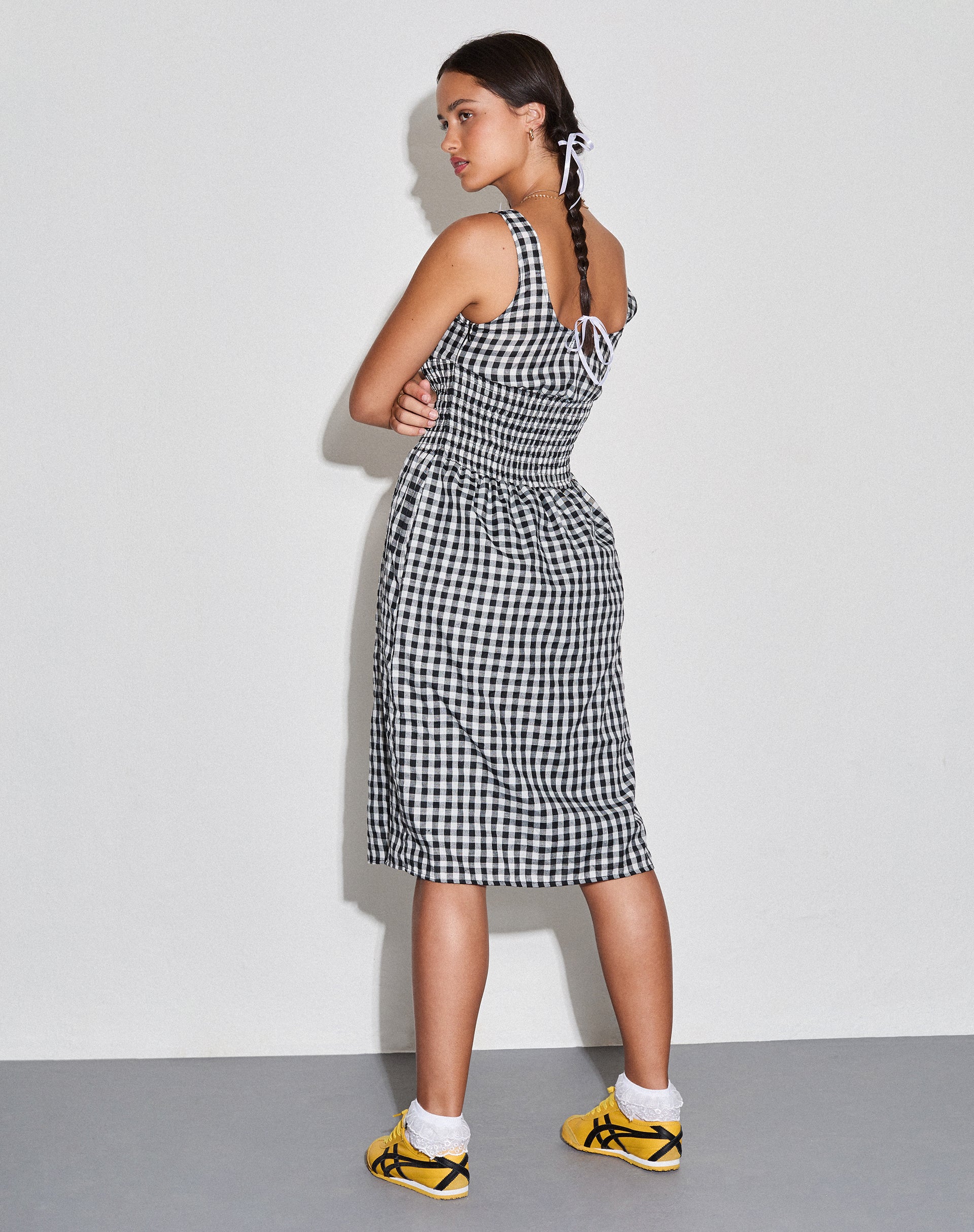Ambrose Midi Dress in Black and White Gingham-Nico Sky