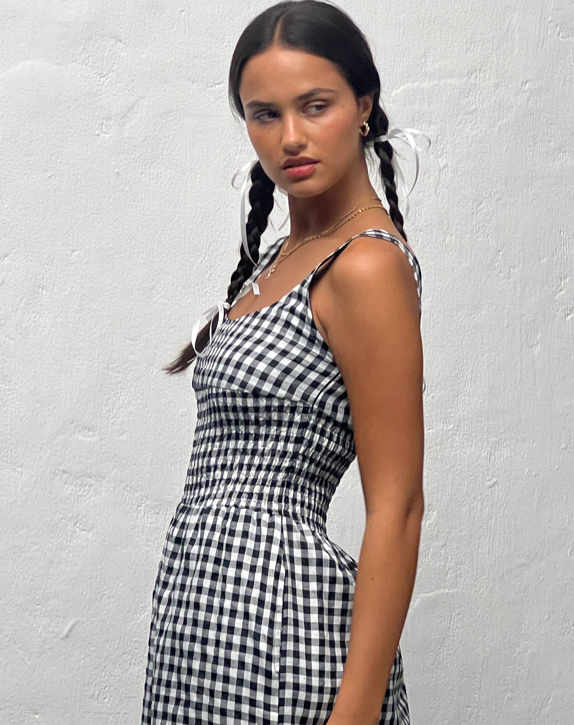 Ambrose Midi Dress in Black and White Gingham-Nico Sky