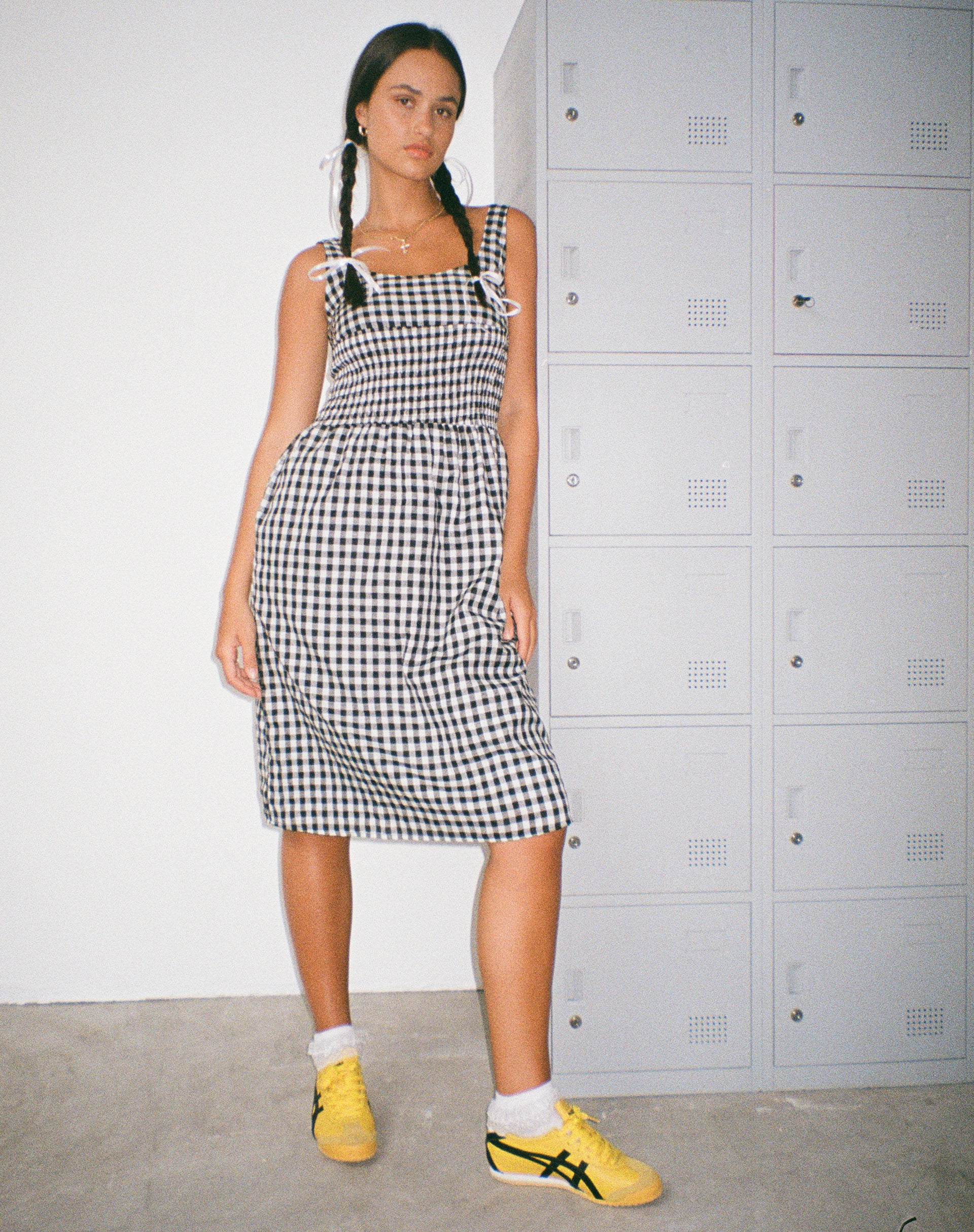 Ambrose Midi Dress in Black and White Gingham-Nico Sky