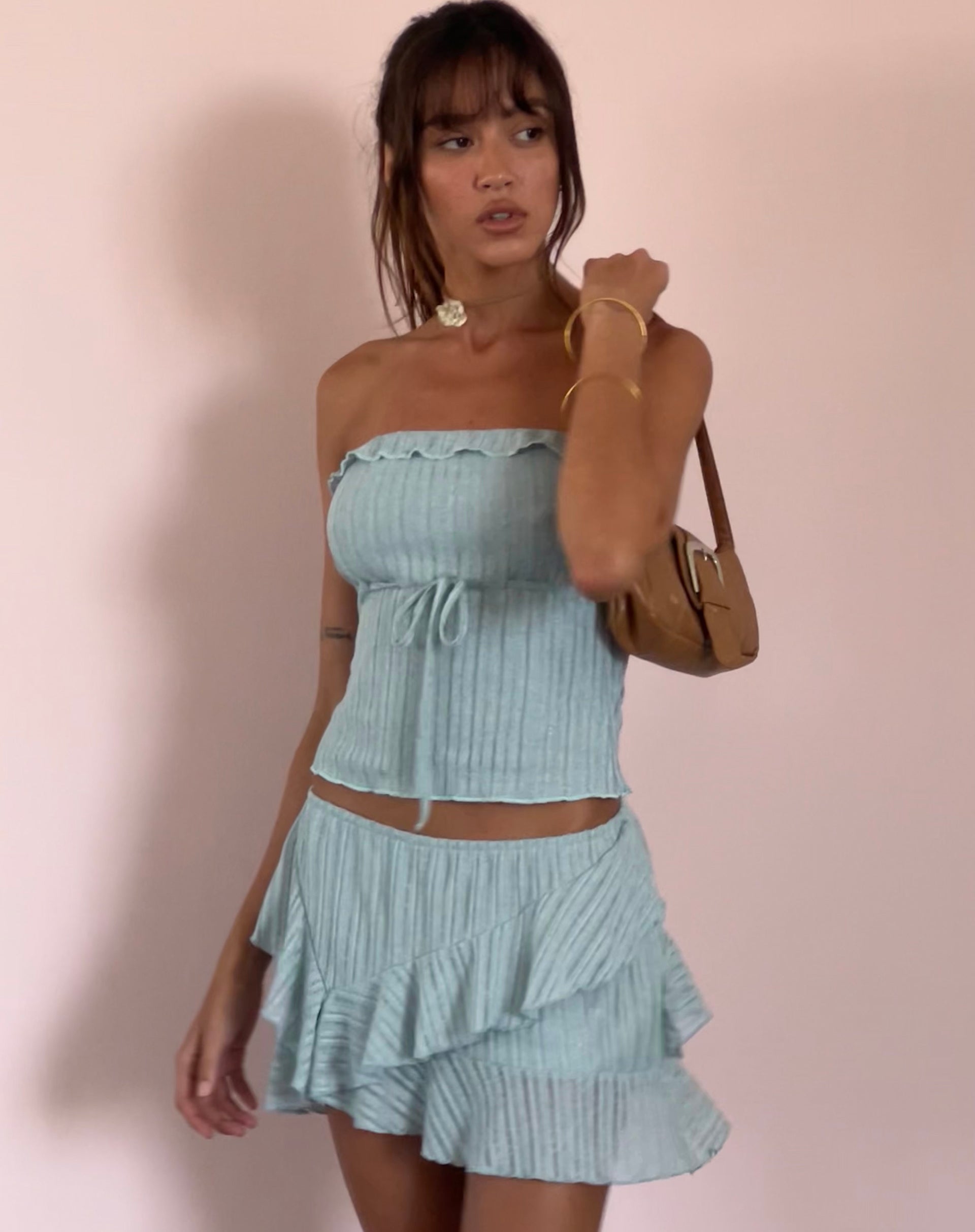 Anis Ruffle Hem Mini Skirt in Powder Blue-Nico Sky
