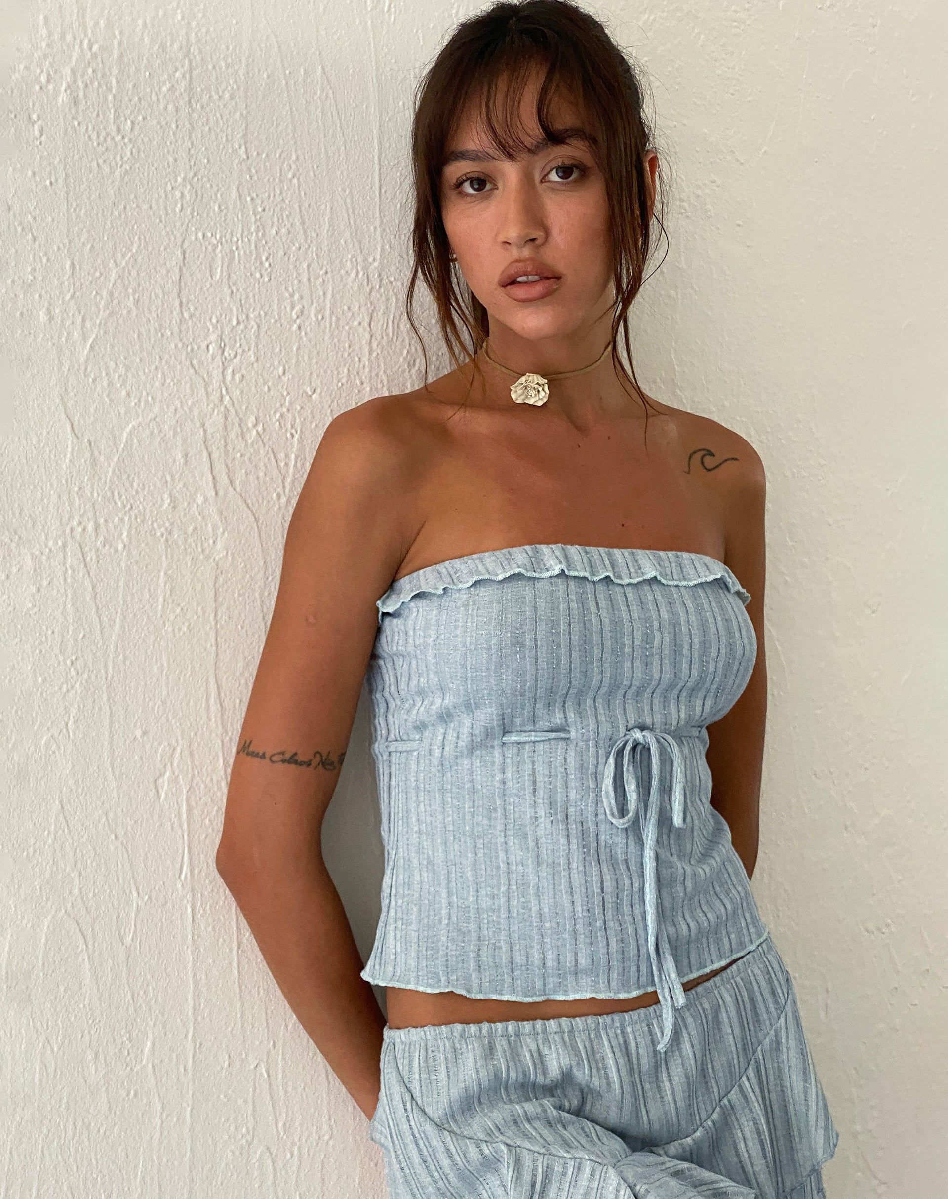 Ameera Ruffle Trim Bandeau Top in Powder Blue-Nico Sky