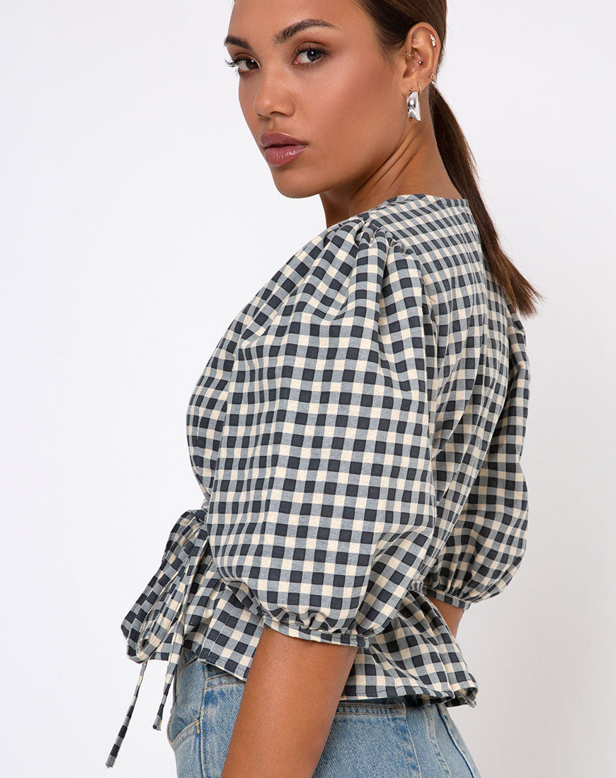 Amiya Top in Gingham Cream-Nico Sky