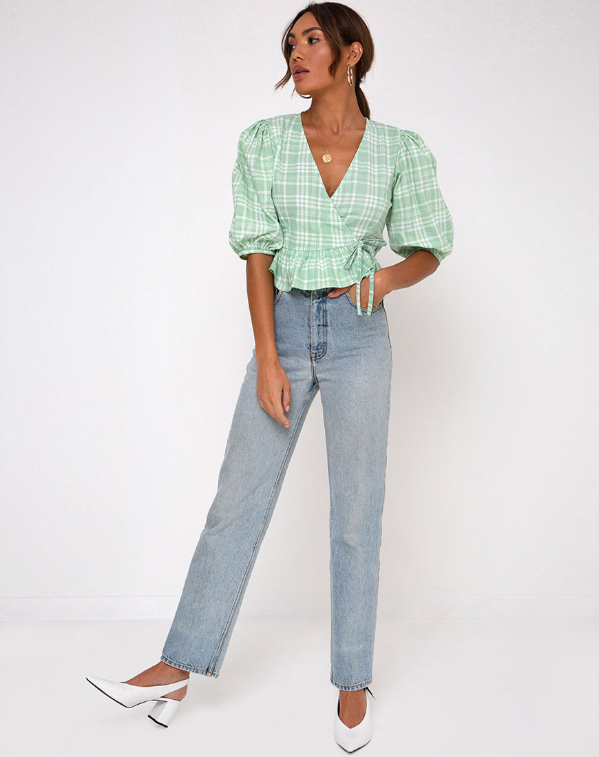 Amiya Top in Table Cloth Neo Mint-Nico Sky