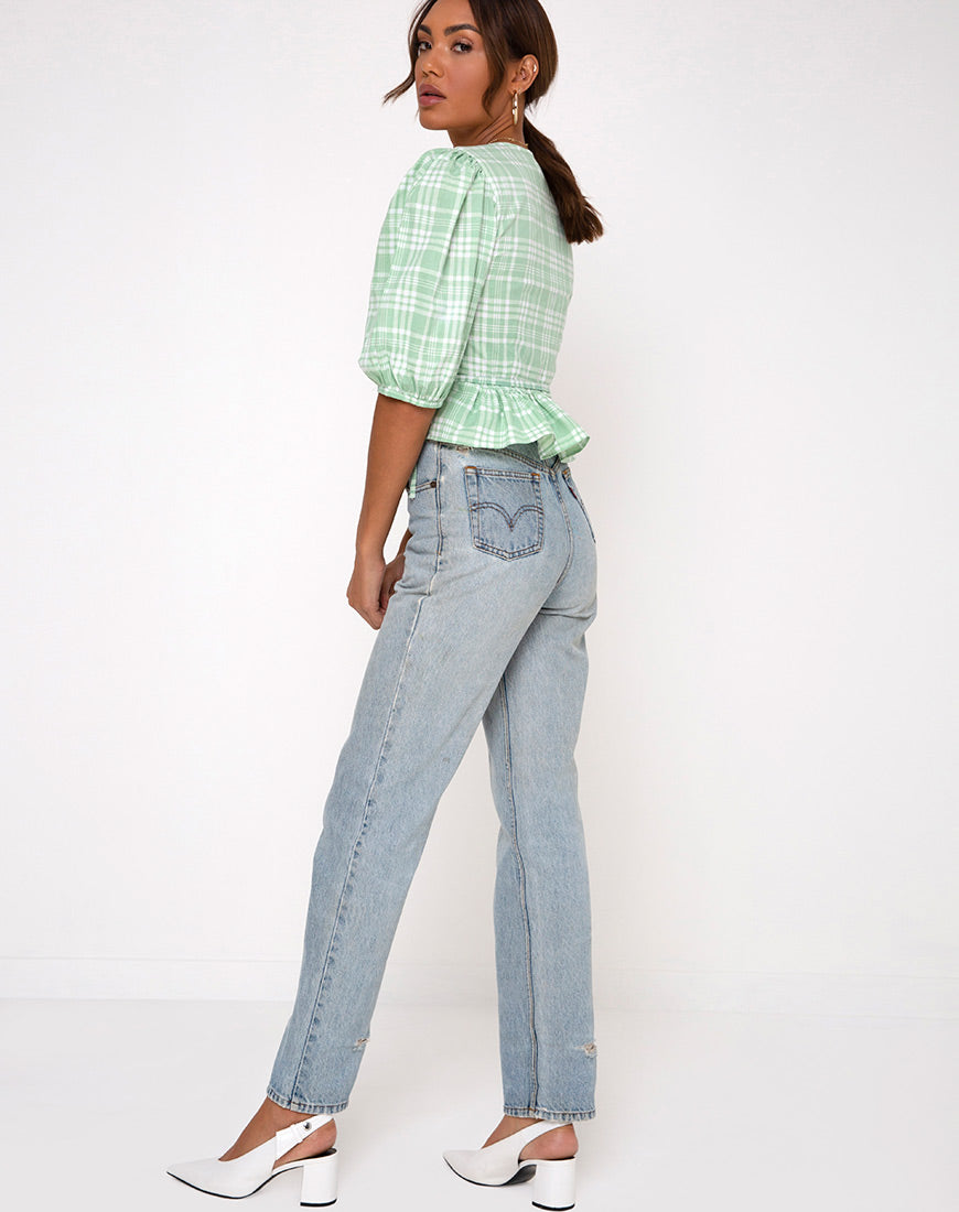 Amiya Top in Table Cloth Neo Mint-Nico Sky