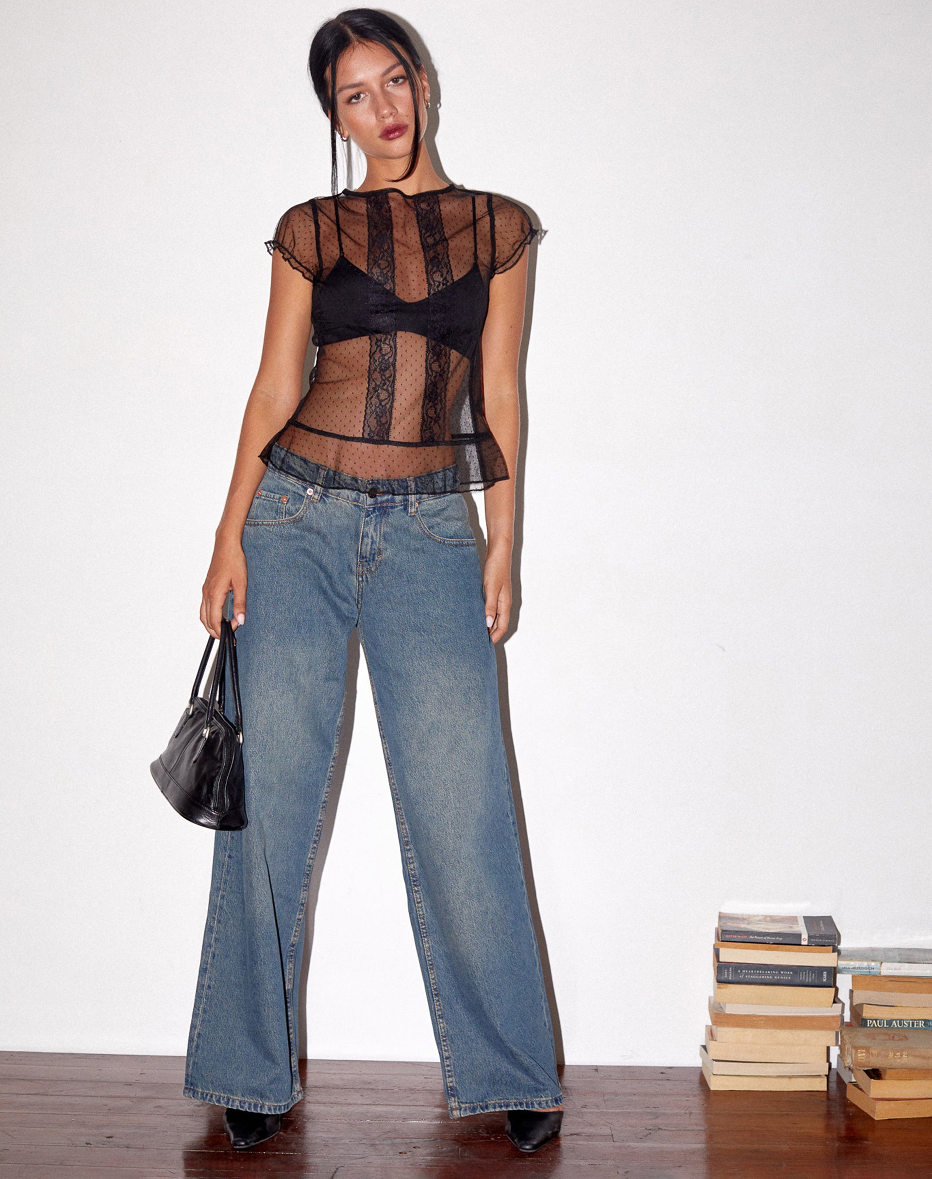 Amrita Unlined Top in Dobby Mesh Black-Nico Sky