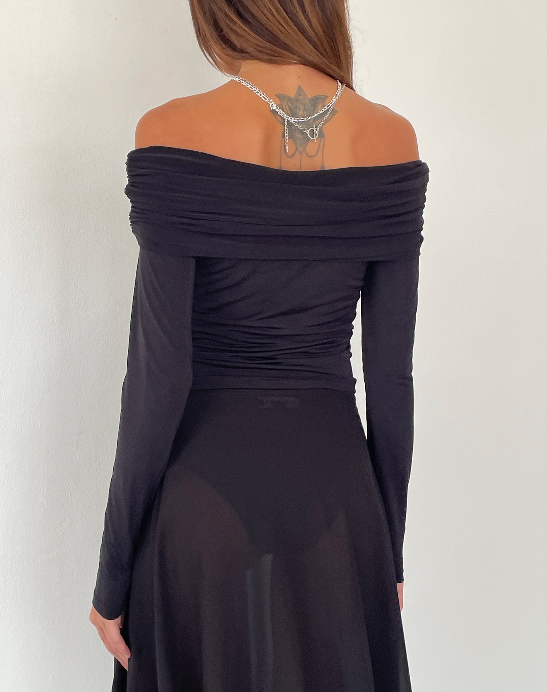 Andi Long Sleeve Bardot Top in Slinky Black-Nico Sky