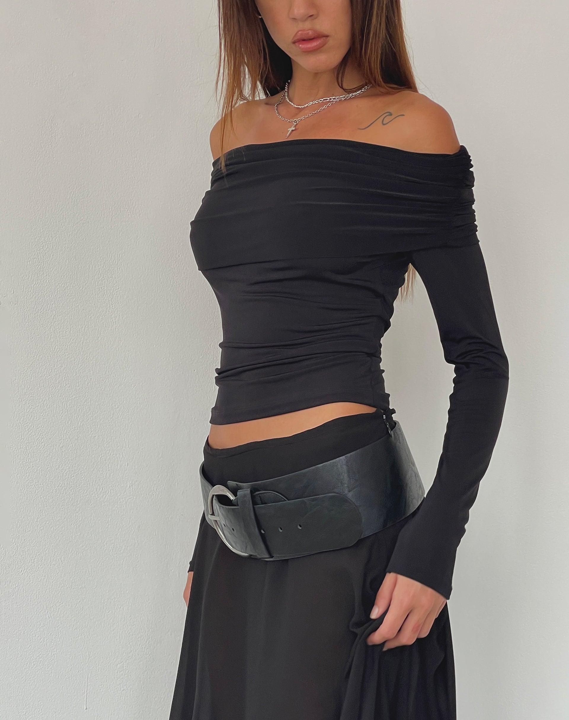 Andi Long Sleeve Bardot Top in Slinky Black-Nico Sky