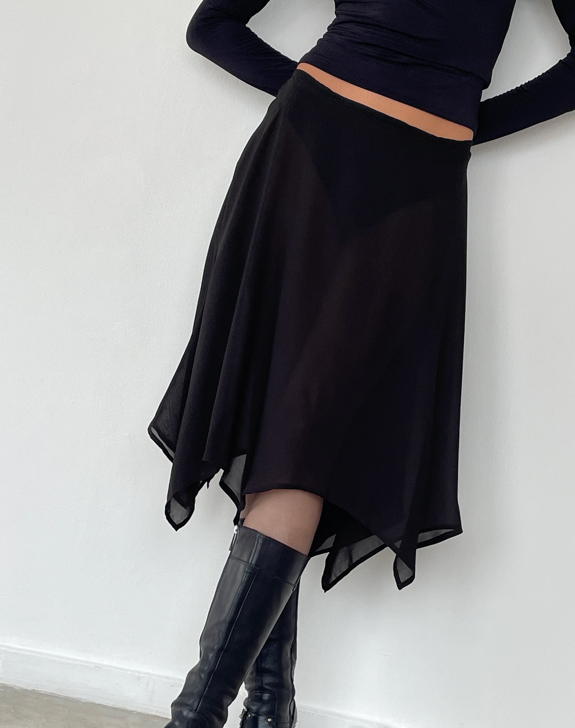 Albertha Midi Skirt in Chiffon Black-Nico Sky