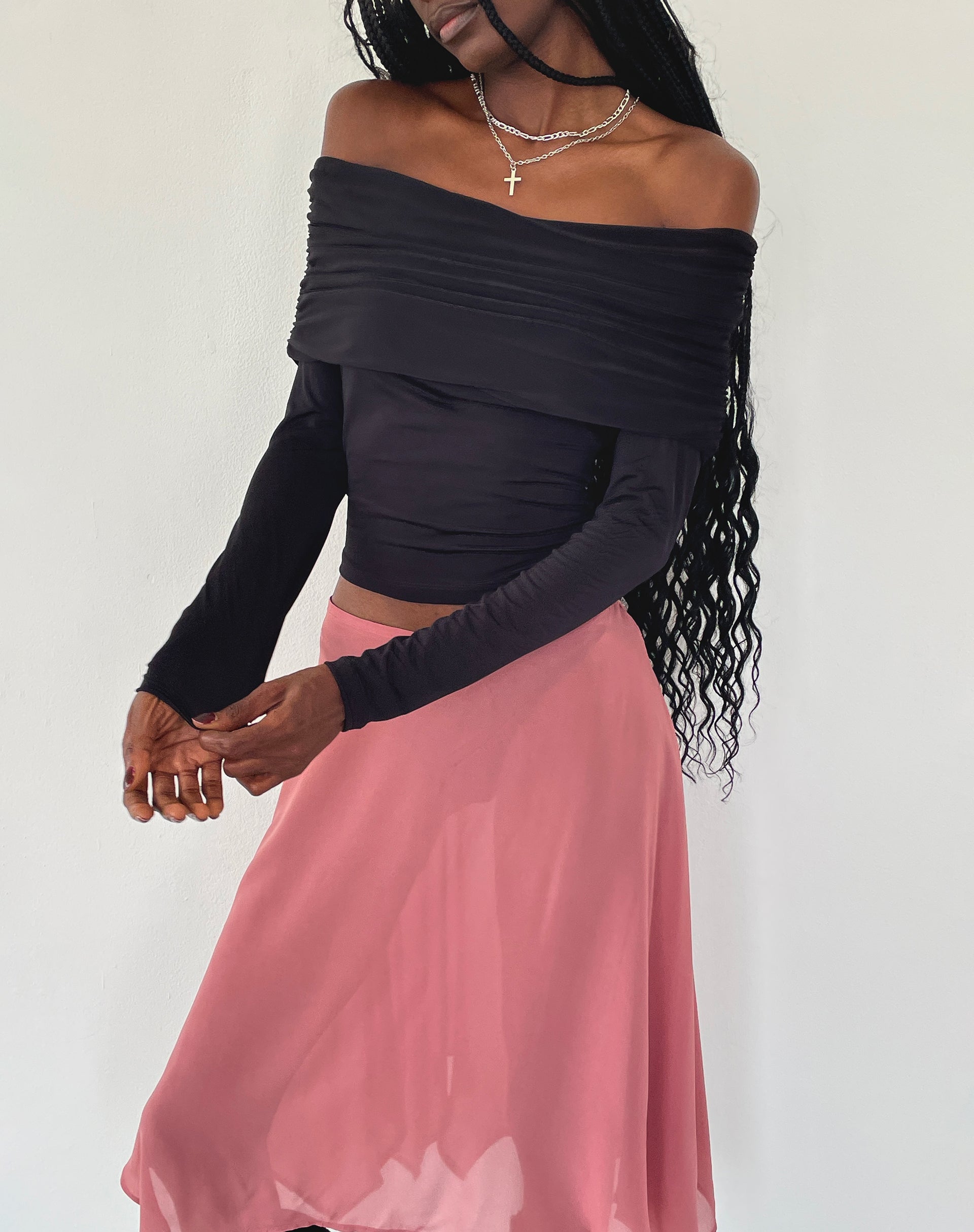 Andi Long Sleeve Bardot Top in Slinky Black-Nico Sky