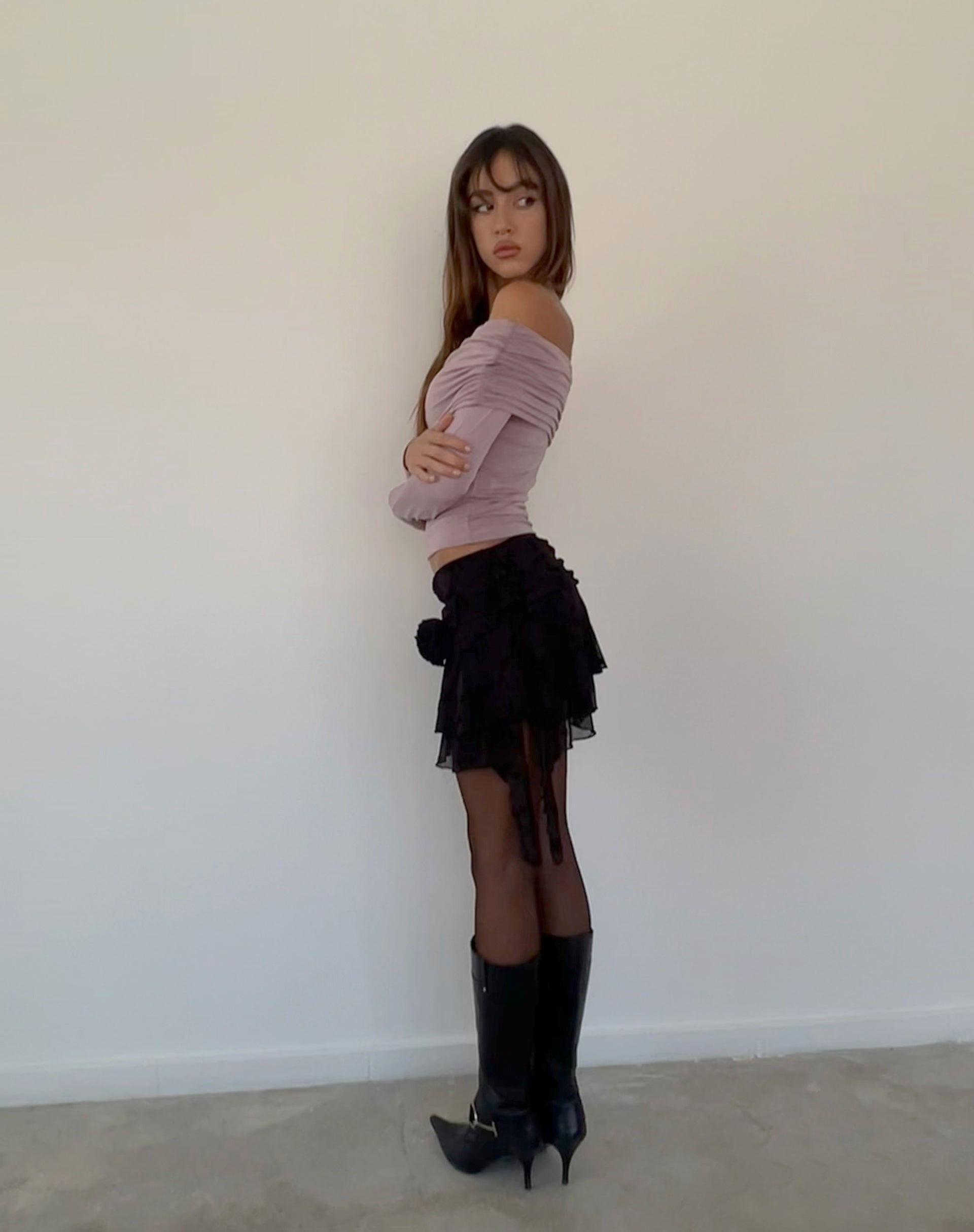 Andi Long Sleeve Bardot Top in Slinky Mauve-Nico Sky