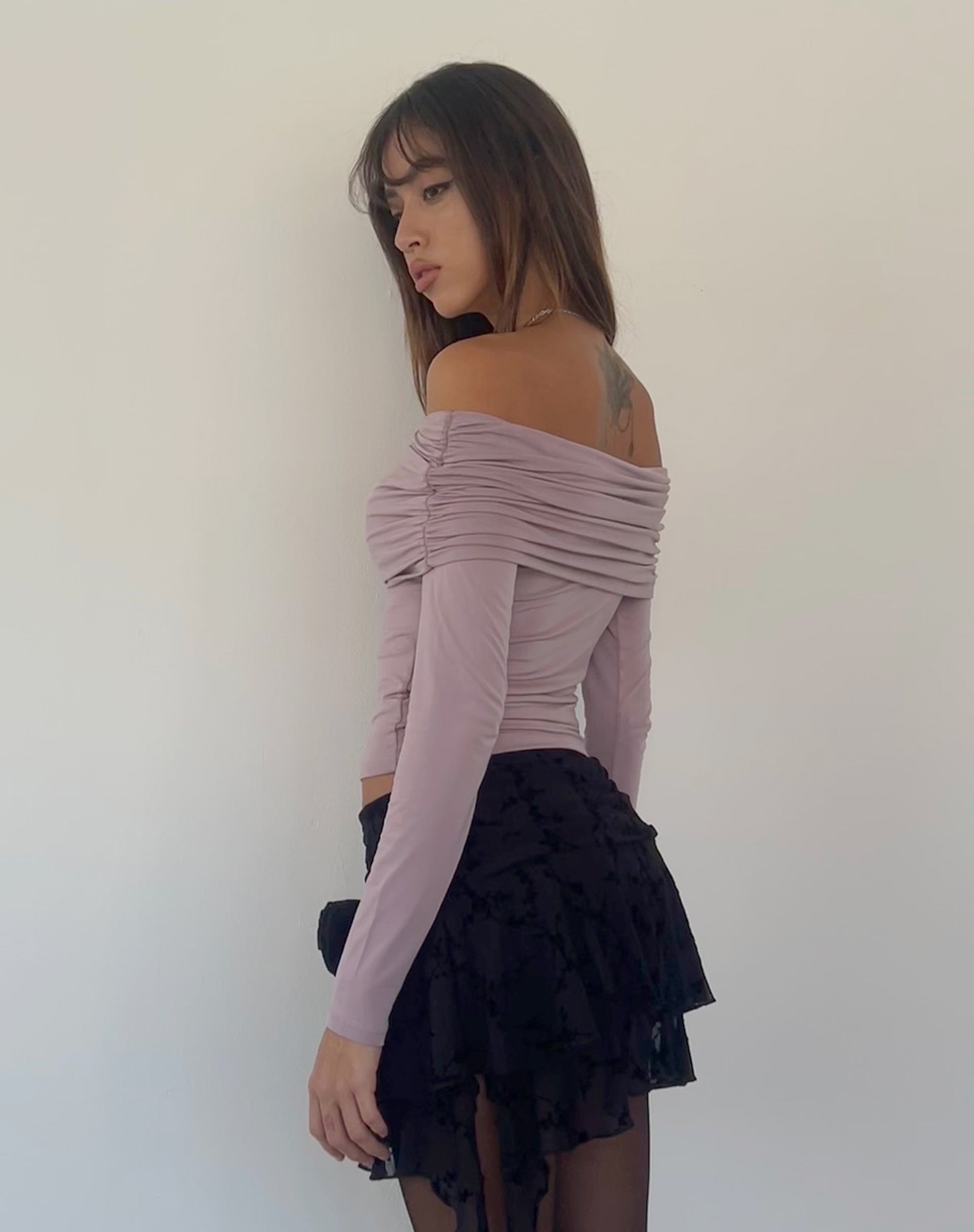 Andi Long Sleeve Bardot Top in Slinky Mauve-Nico Sky