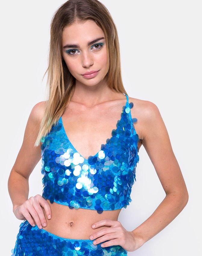 Angel Crop Top in Fishcale Disc Sequin Marine-Nico Sky