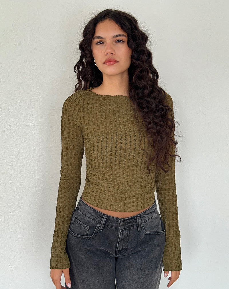Angela Long Sleeve Top in Crinkle Olive-Nico Sky