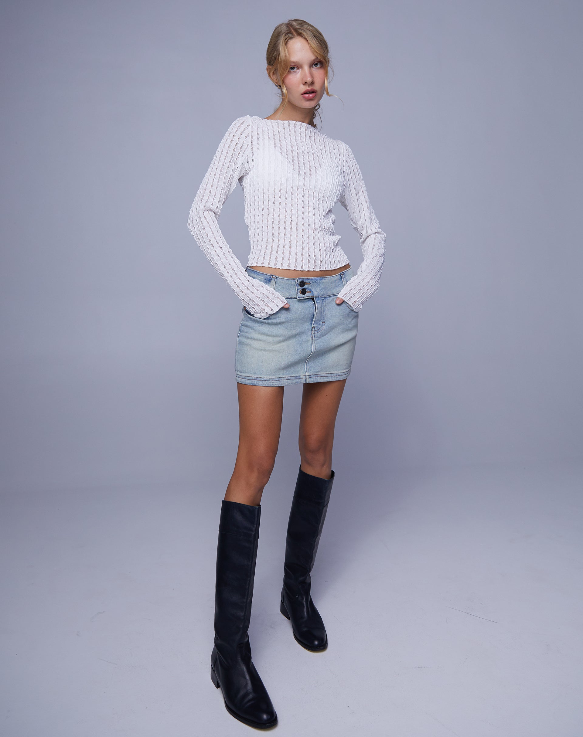 Angela Long Sleeve Top in Crinkle White-Nico Sky