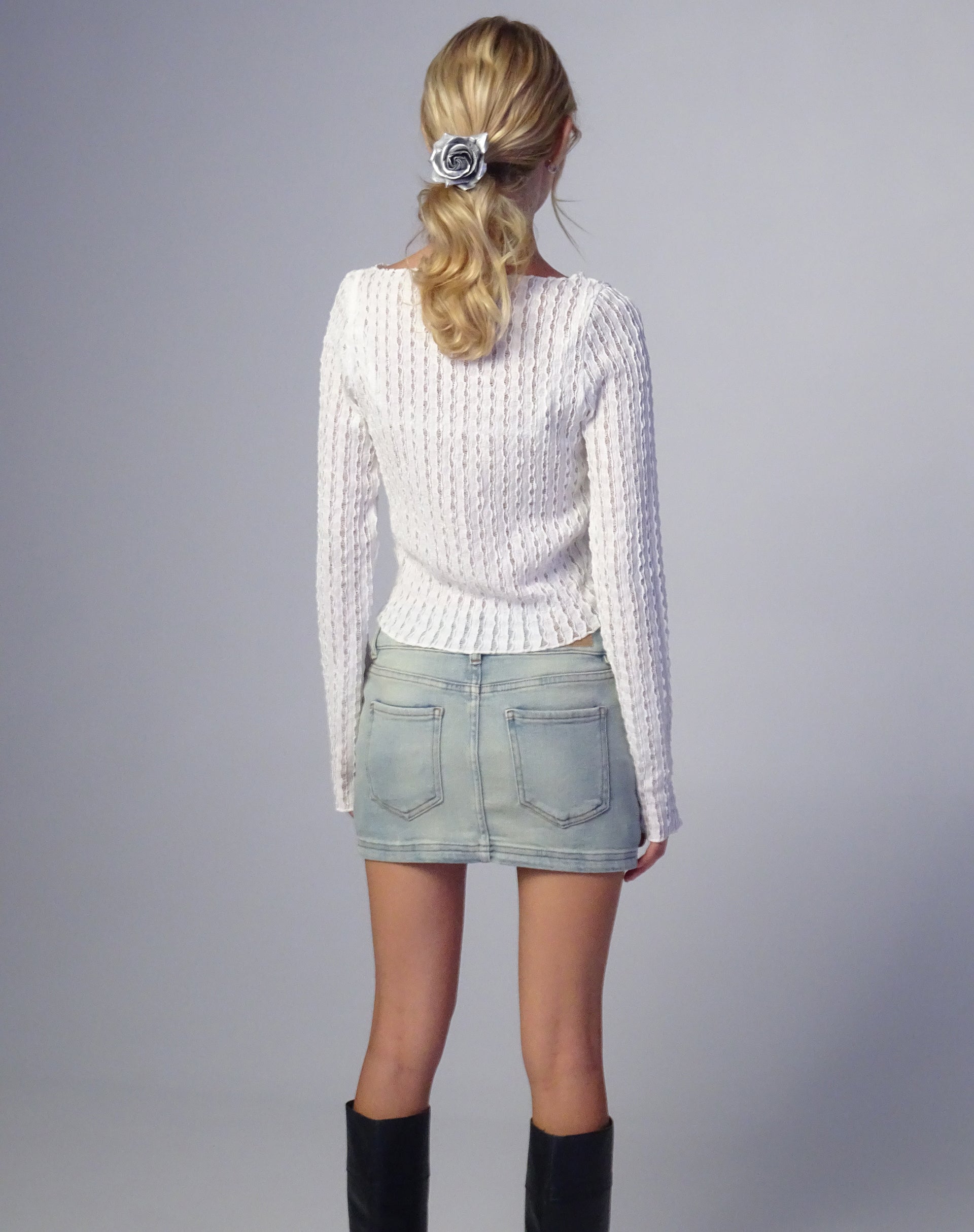 Angela Long Sleeve Top in Crinkle White-Nico Sky
