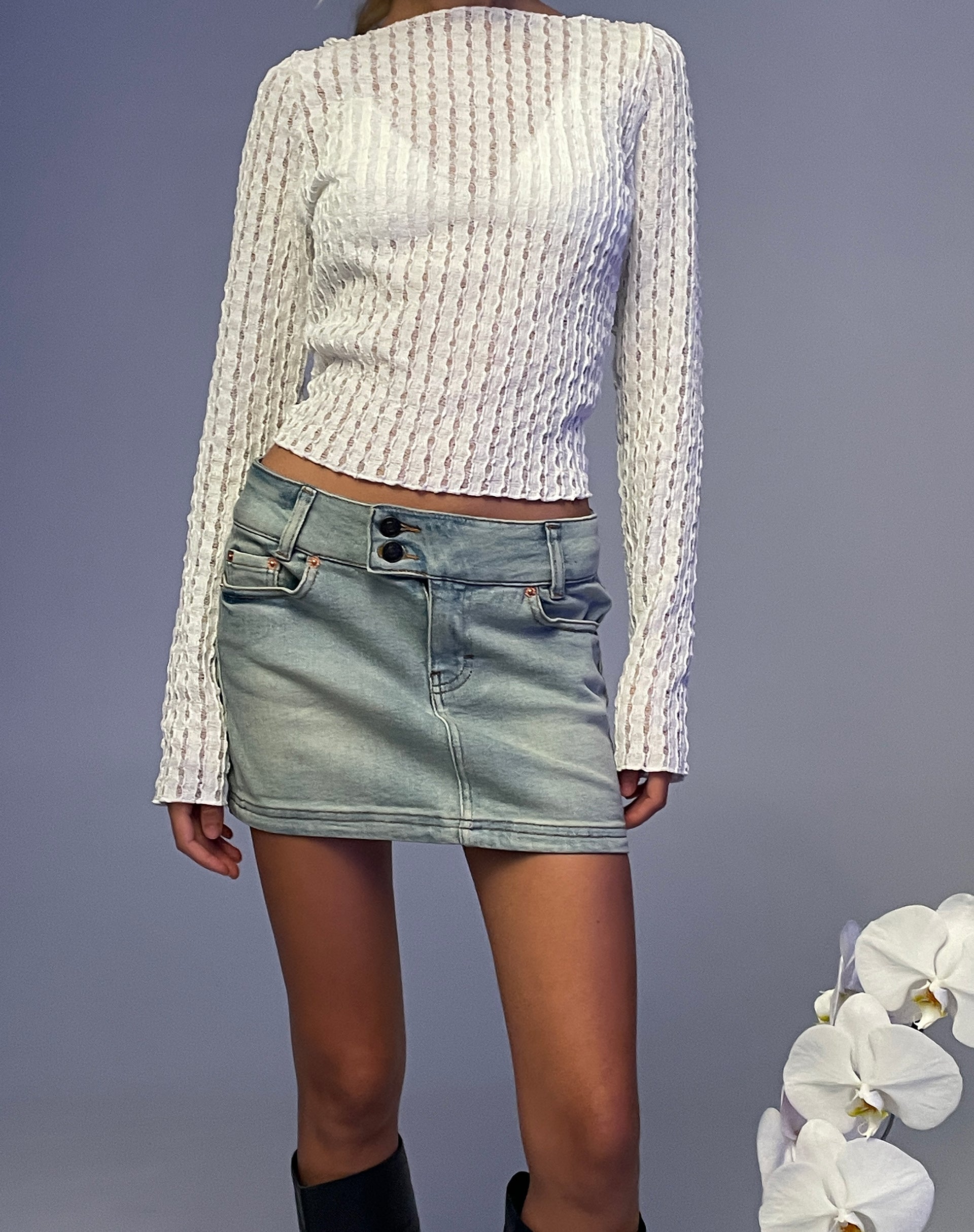 Angela Long Sleeve Top in Crinkle White-Nico Sky