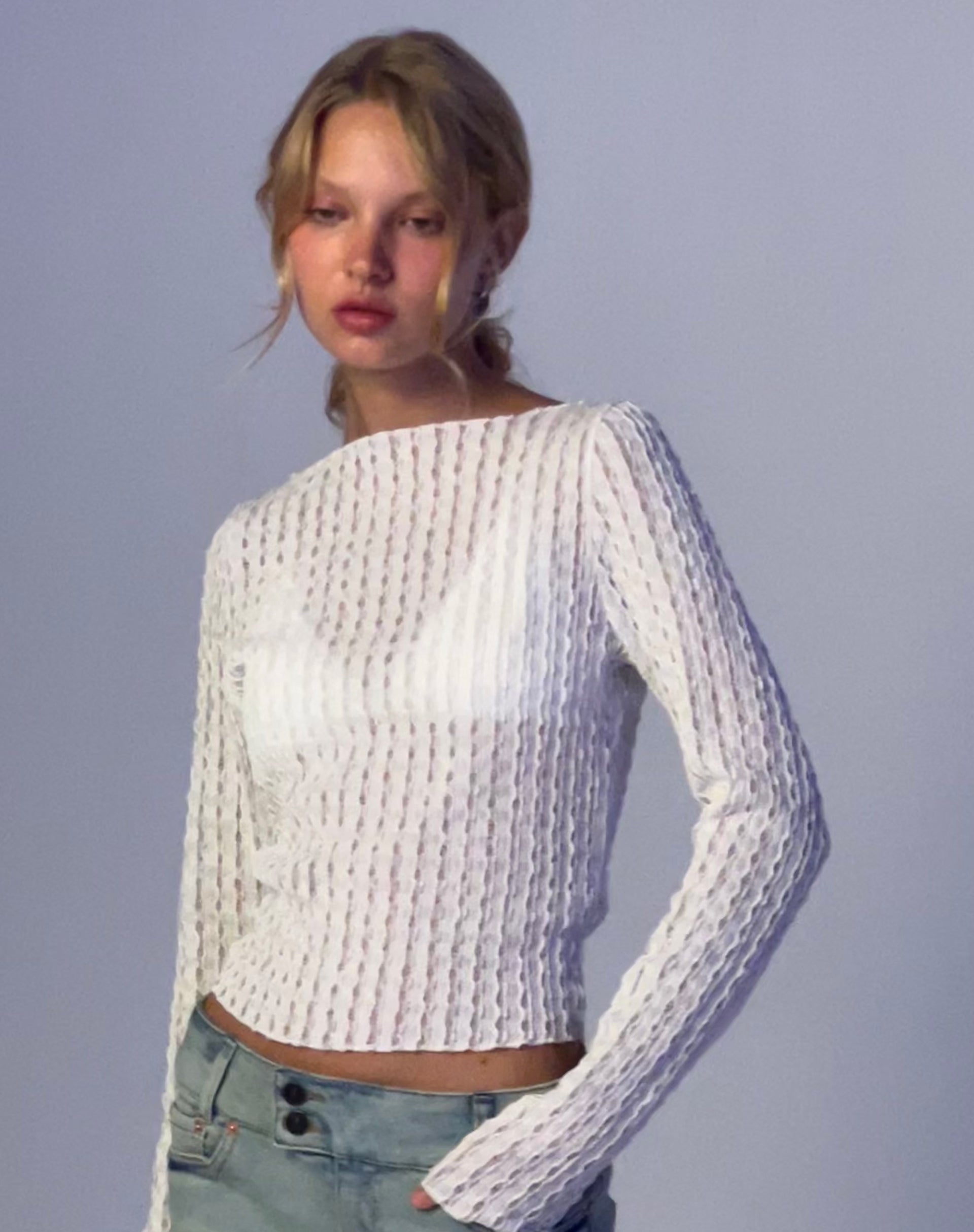 Angela Long Sleeve Top in Crinkle White-Nico Sky