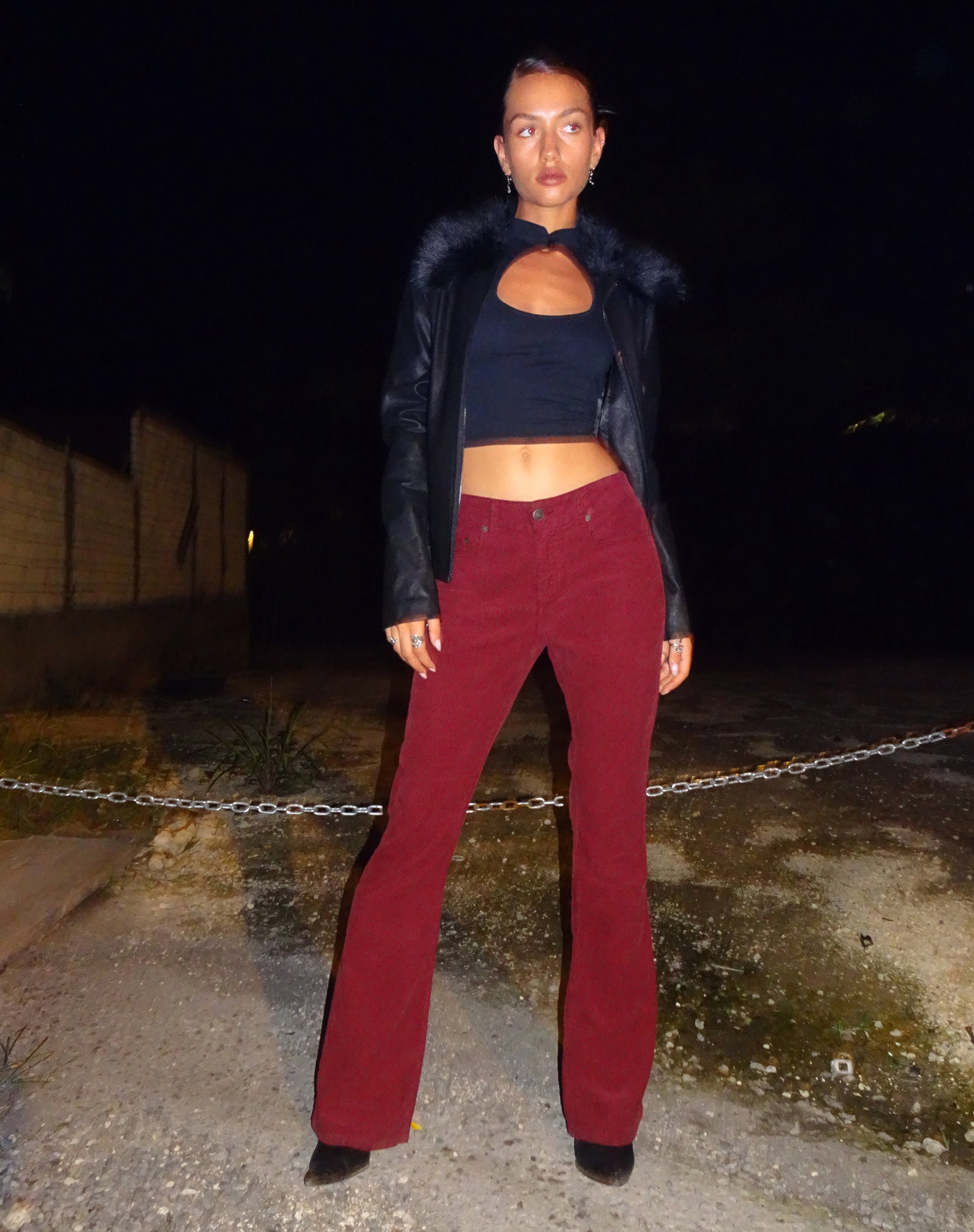 Low Rise Bootleg Jeans in Cord Maroon-Nico Sky