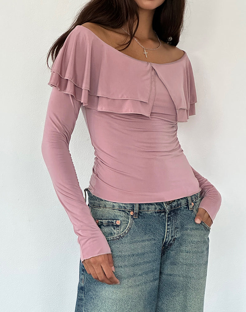 Annia Ruffle Bardot Soft Touch Top in Pink-Nico Sky