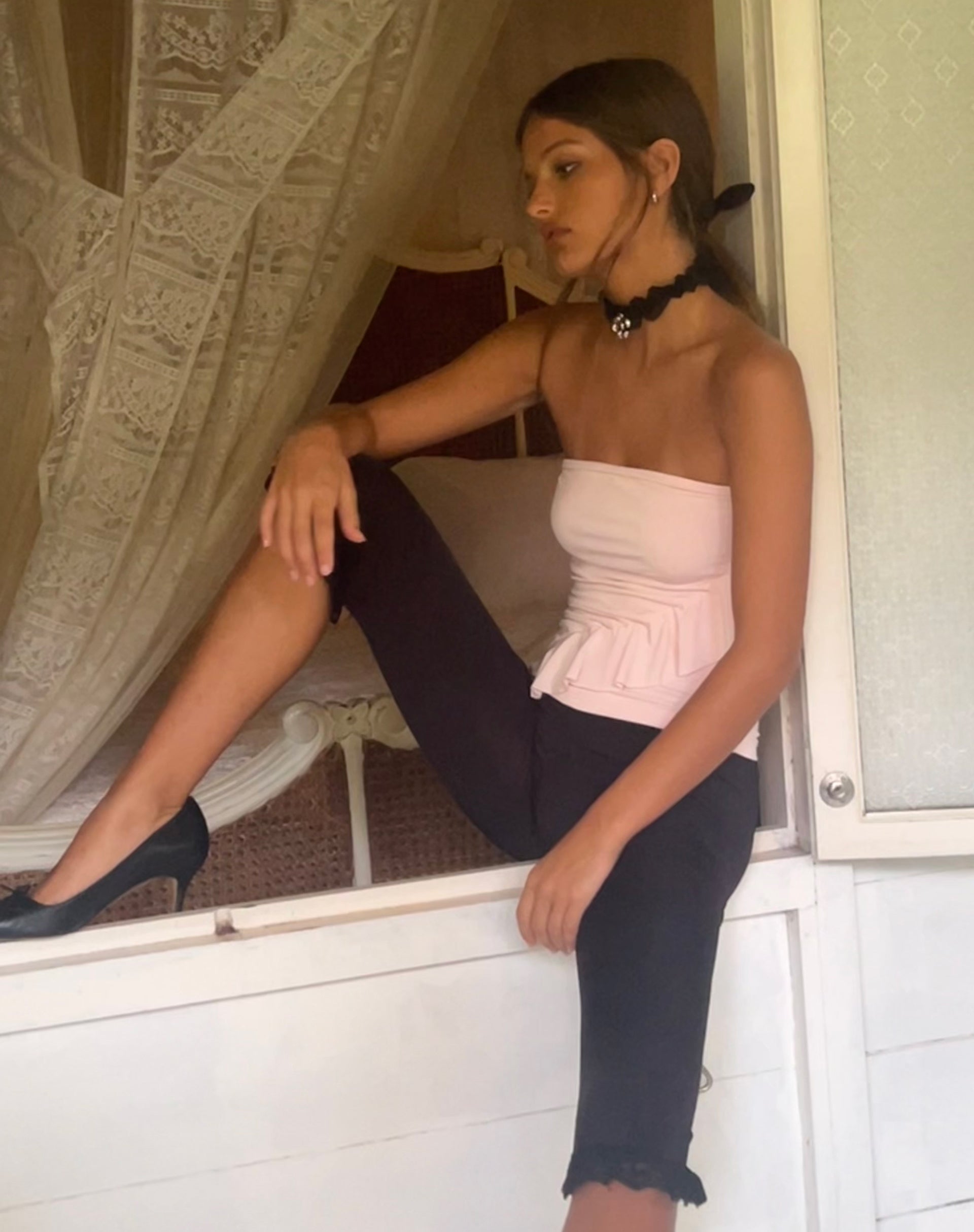 Baylin Ruffle Bandeau Top in Baby Pink-Nico Sky