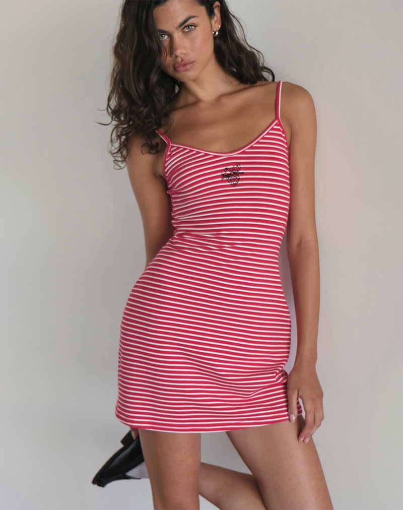 Anzhelina Strappy Mini Dress in Red and White Stripe with Strawberry Emb-Nico Sky