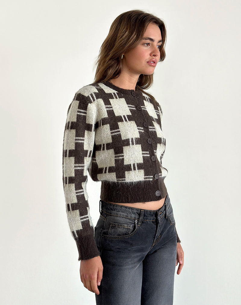 Anzio Knitted Cardigan in Check Brown-Nico Sky