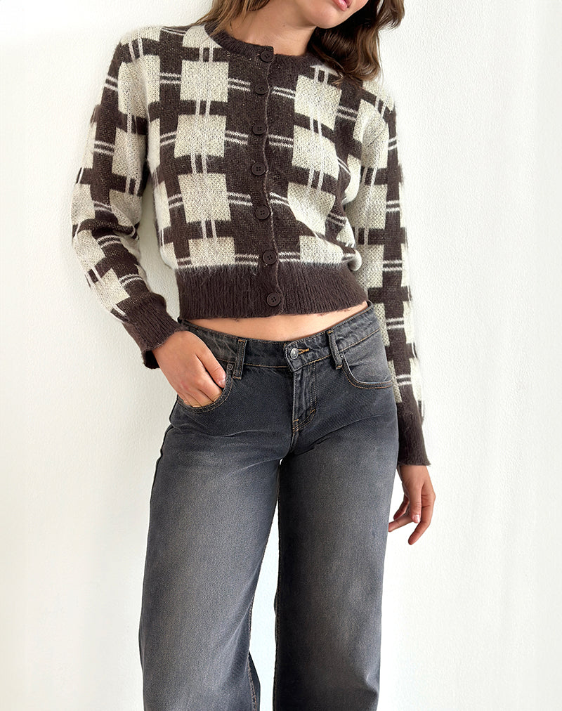 Anzio Knitted Cardigan in Check Brown-Nico Sky
