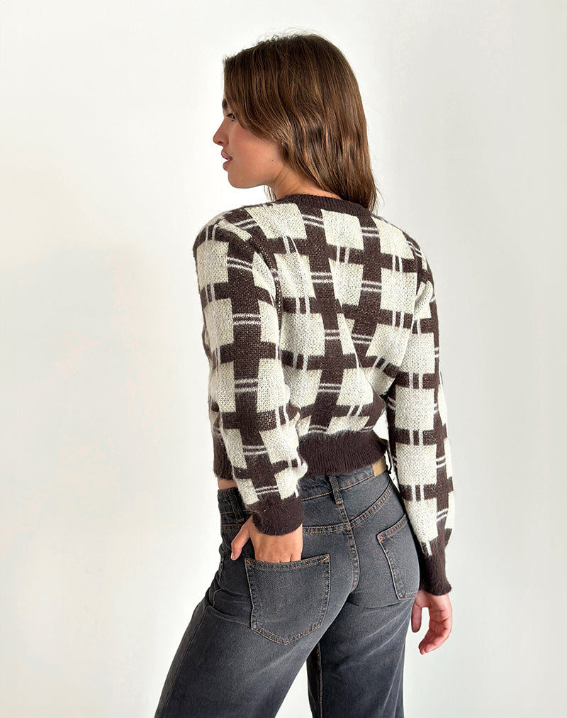 Anzio Knitted Cardigan in Check Brown-Nico Sky