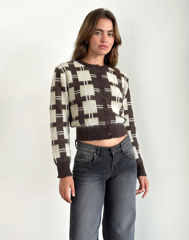 Anzio Knitted Cardigan in Check Brown-Nico Sky