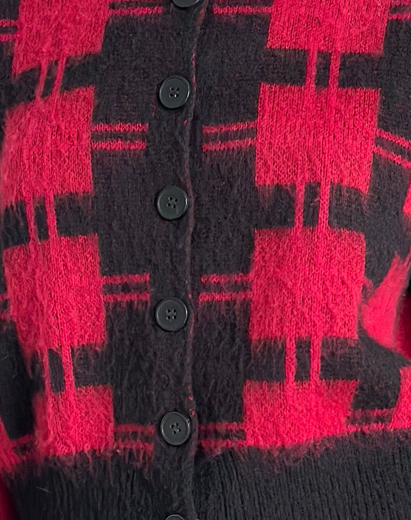 Anzio Cardigan in Black and Red Check Knit-Nico Sky