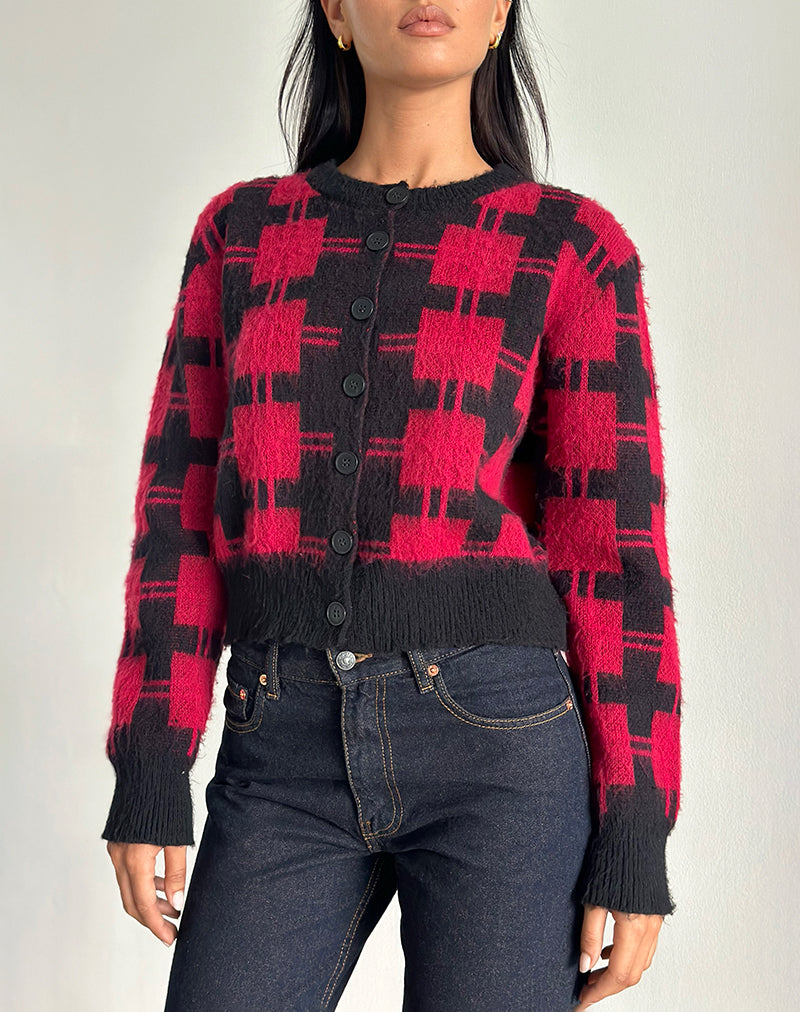 Anzio Cardigan in Black and Red Check Knit-Nico Sky
