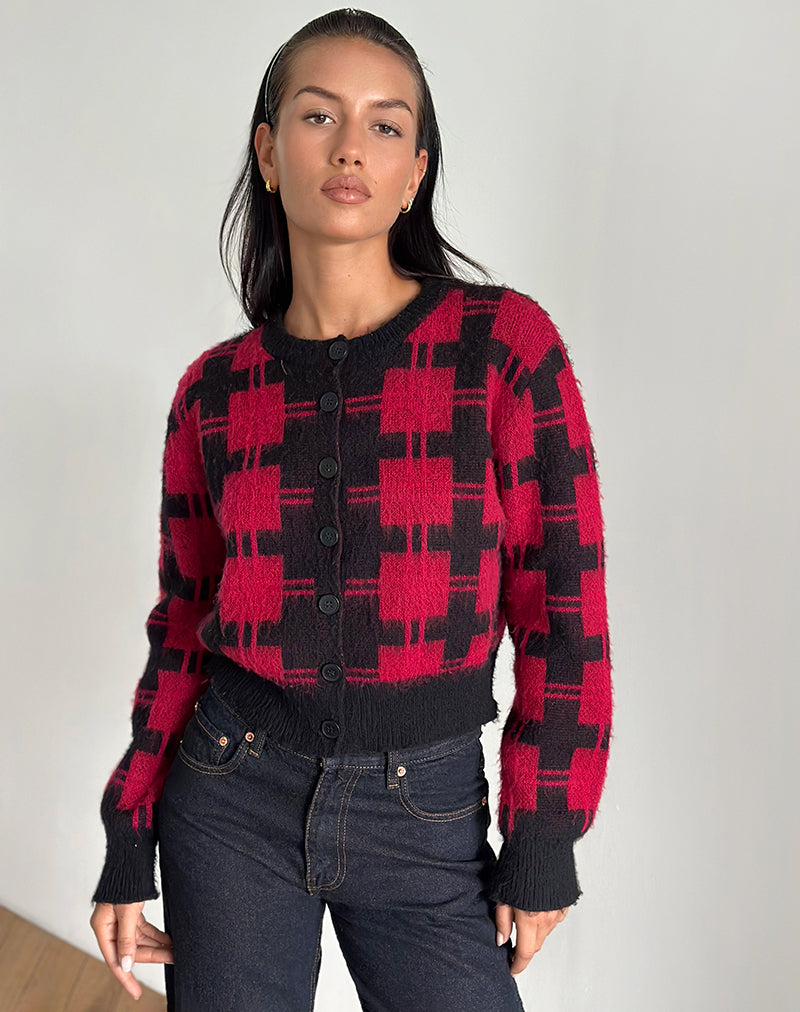 Anzio Cardigan in Black and Red Check Knit-Nico Sky