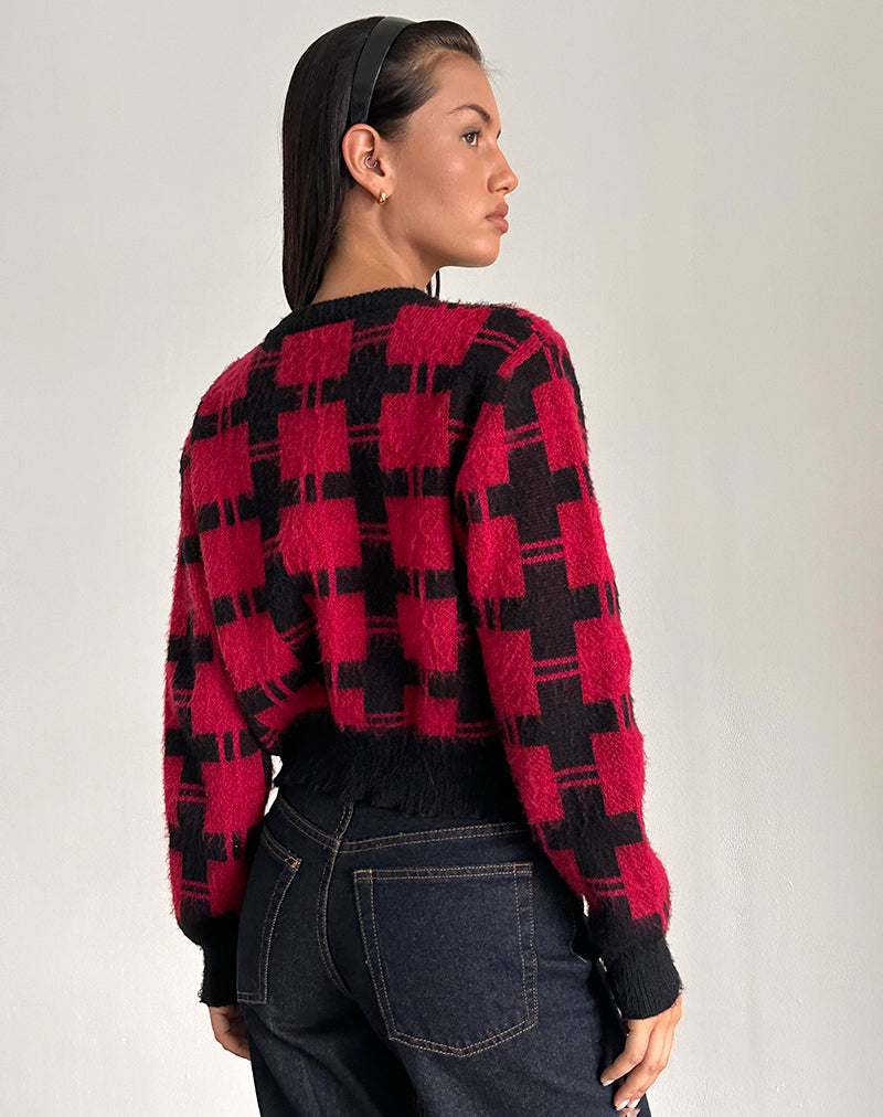 Anzio Cardigan in Black and Red Check Knit-Nico Sky