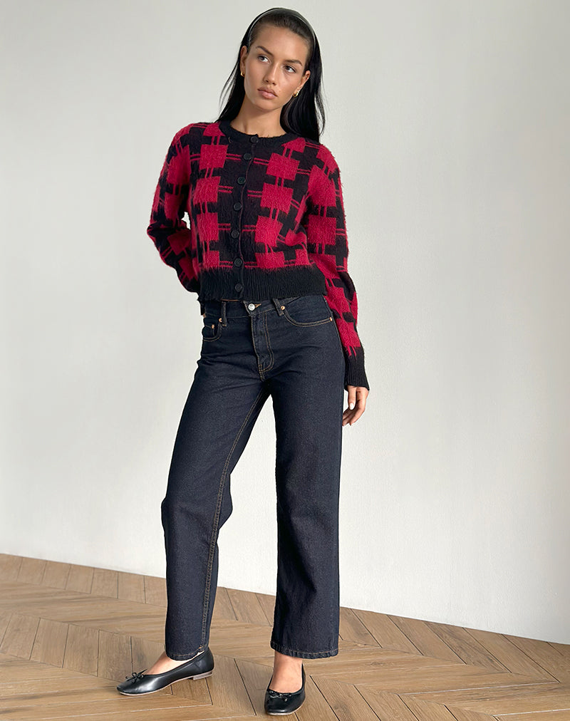 Anzio Cardigan in Black and Red Check Knit-Nico Sky