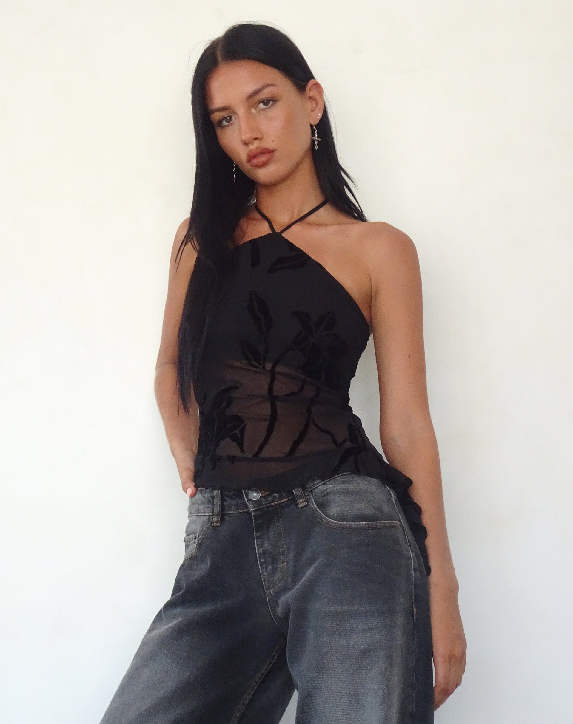 Arabella Halterneck Top in Orchids Flock Black-Nico Sky