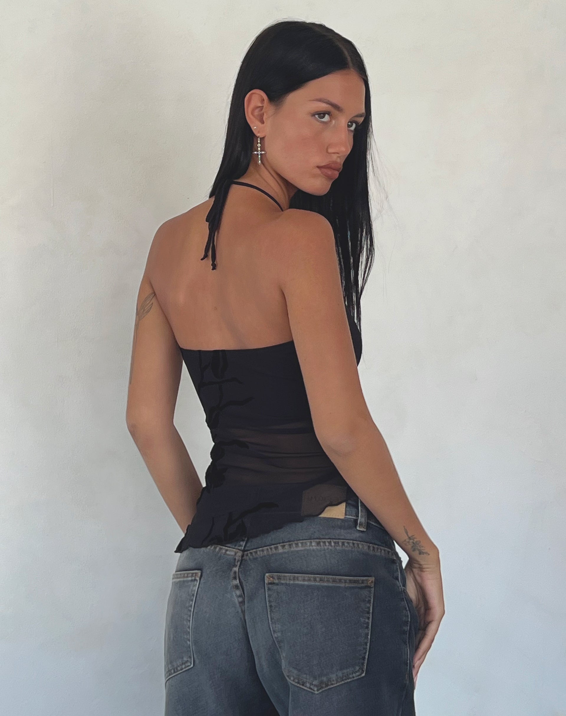 Arabella Halterneck Top in Orchids Flock Black-Nico Sky