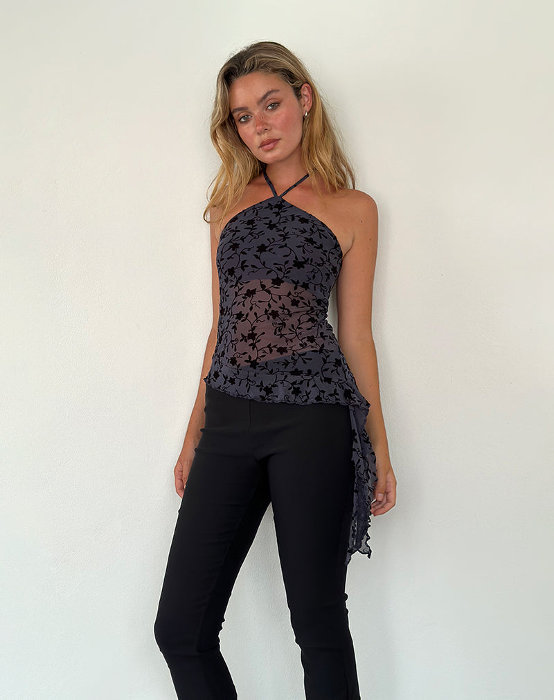 Arabella Halterneck Top in Pretty Petal Flock Navy-Nico Sky