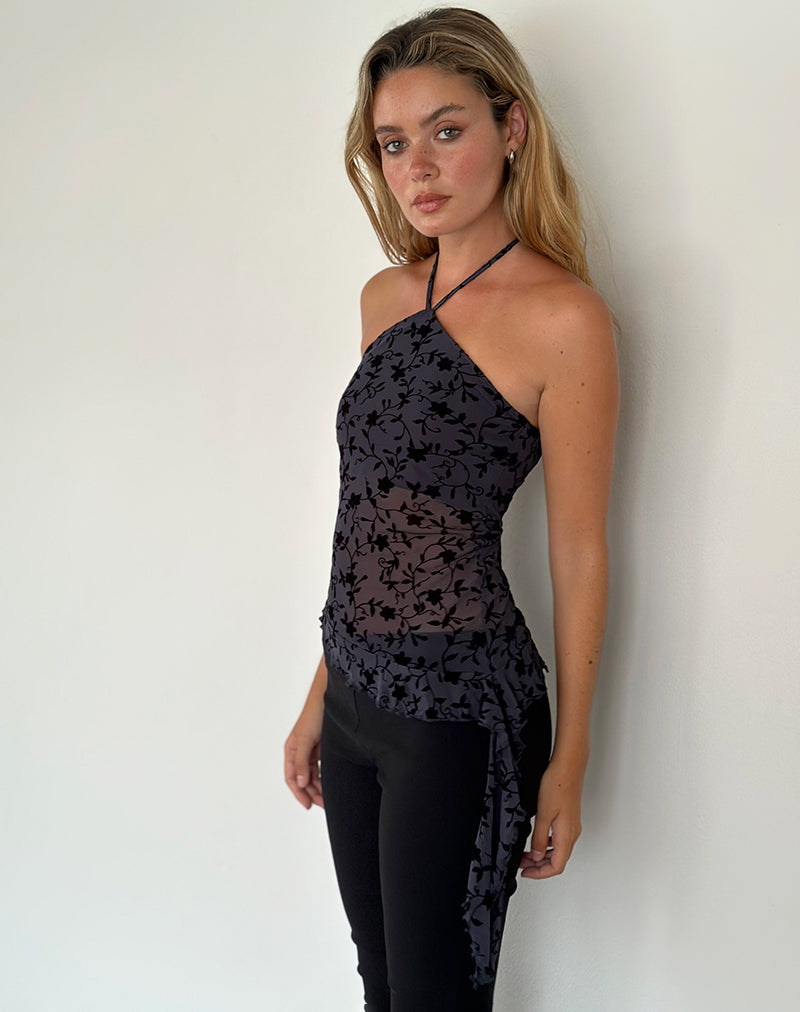 Arabella Halterneck Top in Pretty Petal Flock Navy-Nico Sky