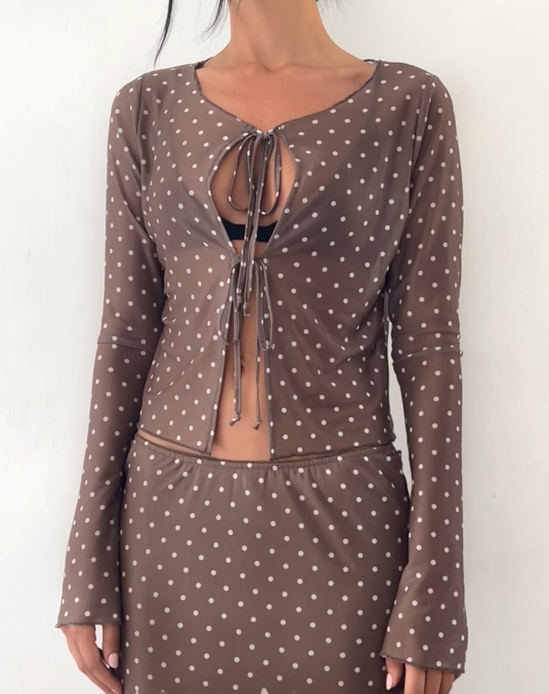 Araceli Tie Front Top in Basic Polka Brown-Nico Sky