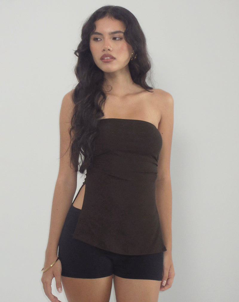 Aravie Ruched Bandeau Top in Chocolate Brown-Nico Sky