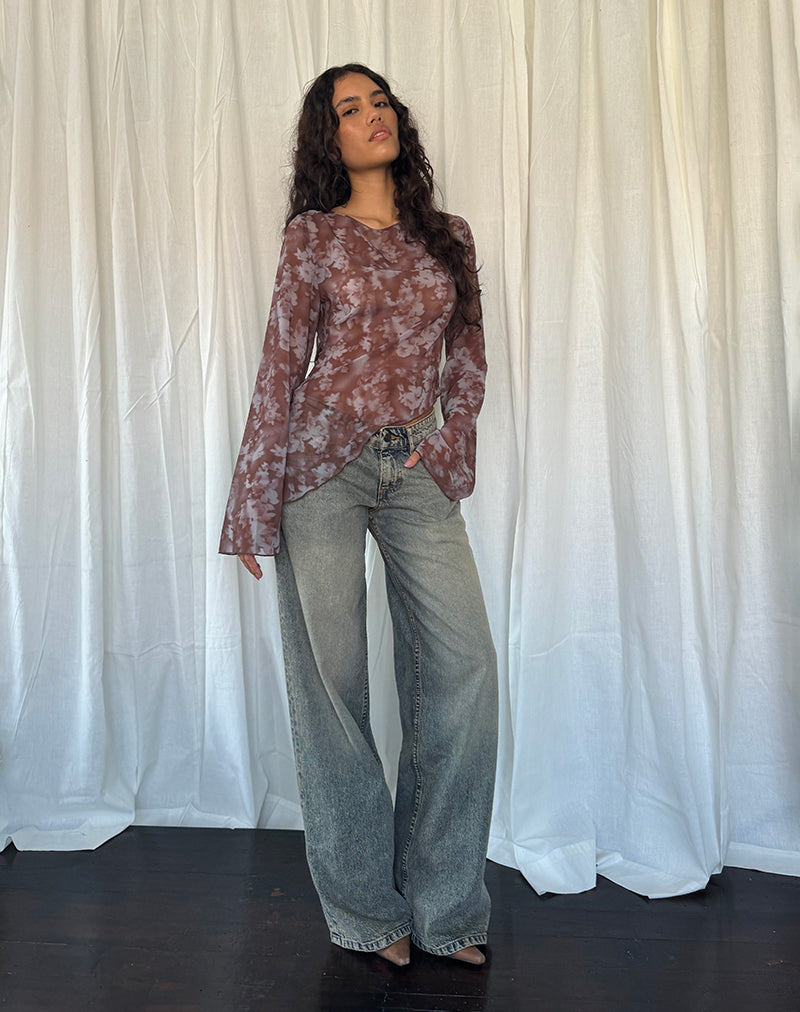 Arcelia Long Sleeve Mesh Top in Botanical Shadow Brown-Nico Sky