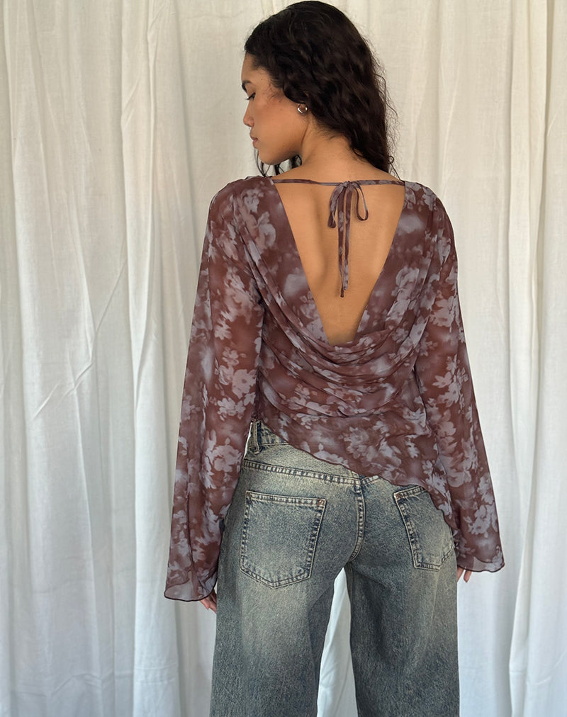 Arcelia Long Sleeve Mesh Top in Botanical Shadow Brown-Nico Sky