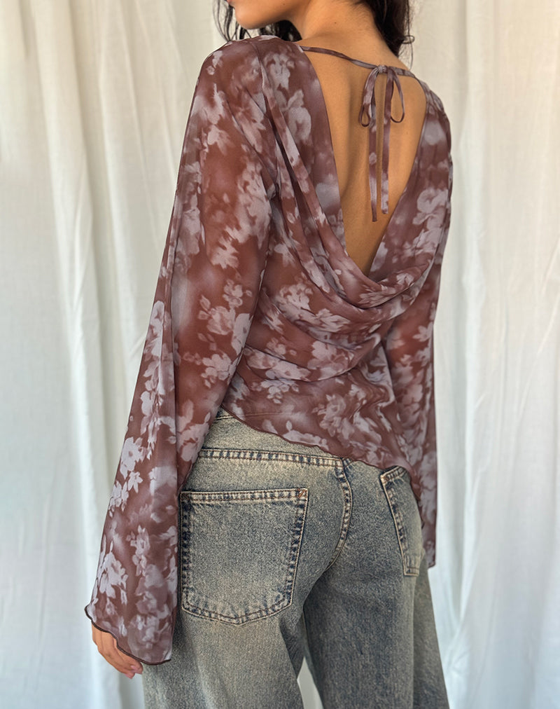 Arcelia Long Sleeve Mesh Top in Botanical Shadow Brown-Nico Sky