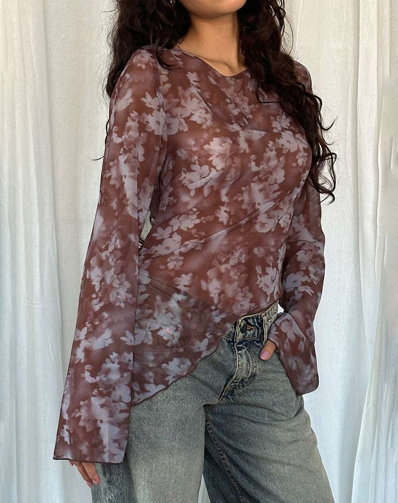 Arcelia Long Sleeve Mesh Top in Botanical Shadow Brown-Nico Sky