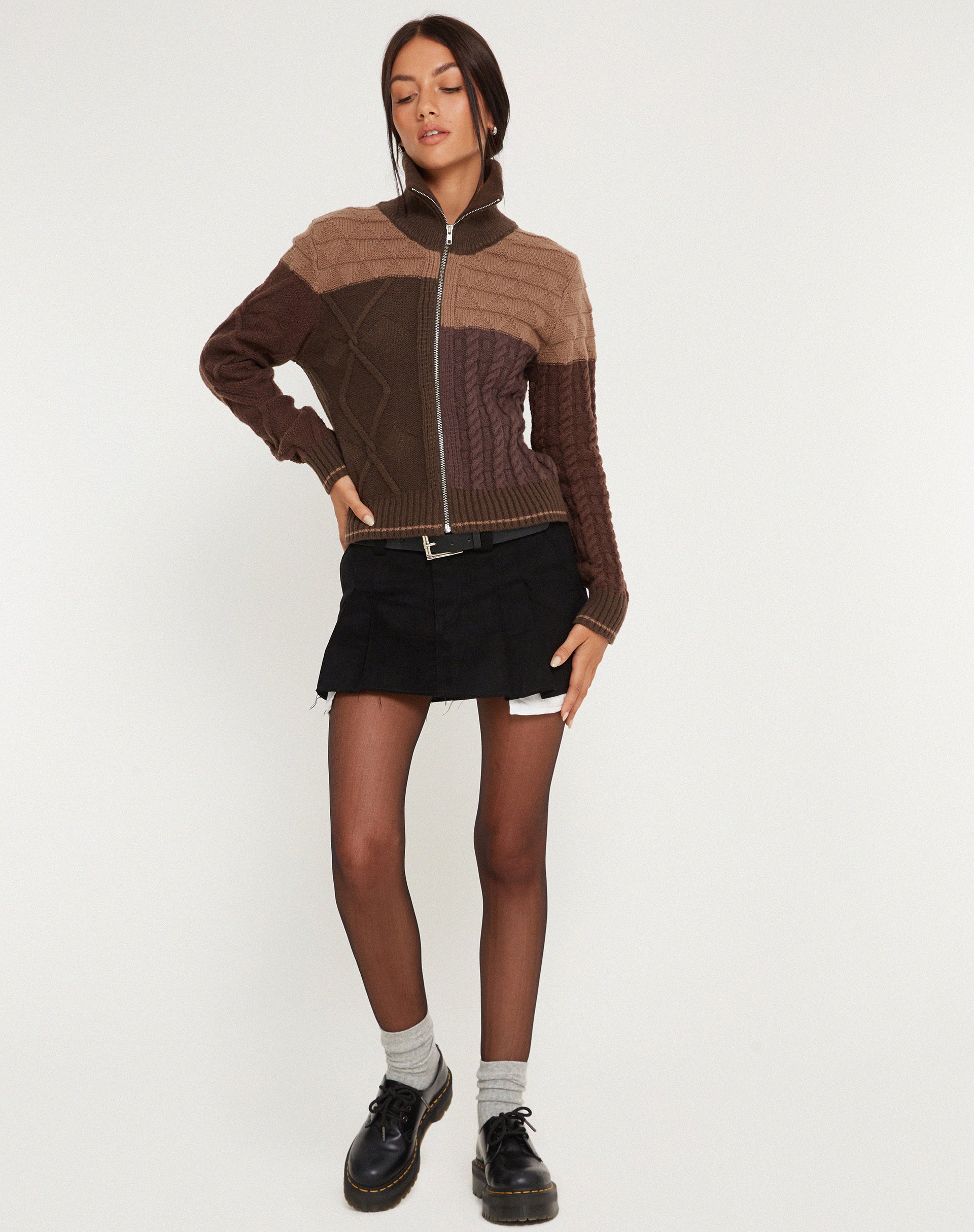 Arelius Knitted Jacket in Tonal Brown-Nico Sky