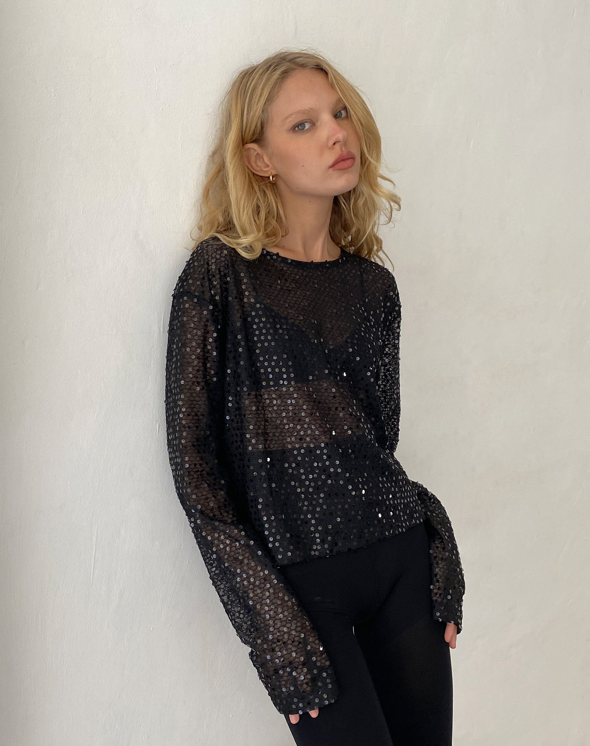 Aridani Unlined Long Sleeve Top in Black Sequin-Nico Sky