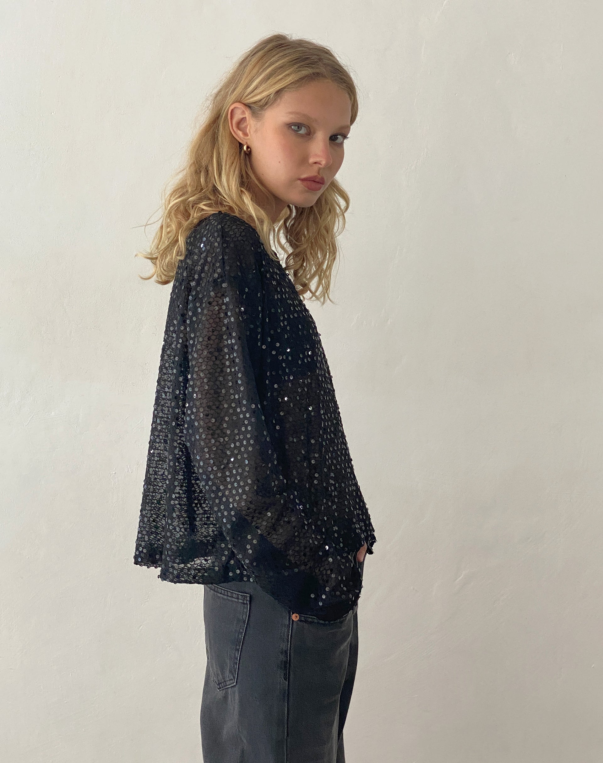 Aridani Unlined Long Sleeve Top in Black Sequin-Nico Sky