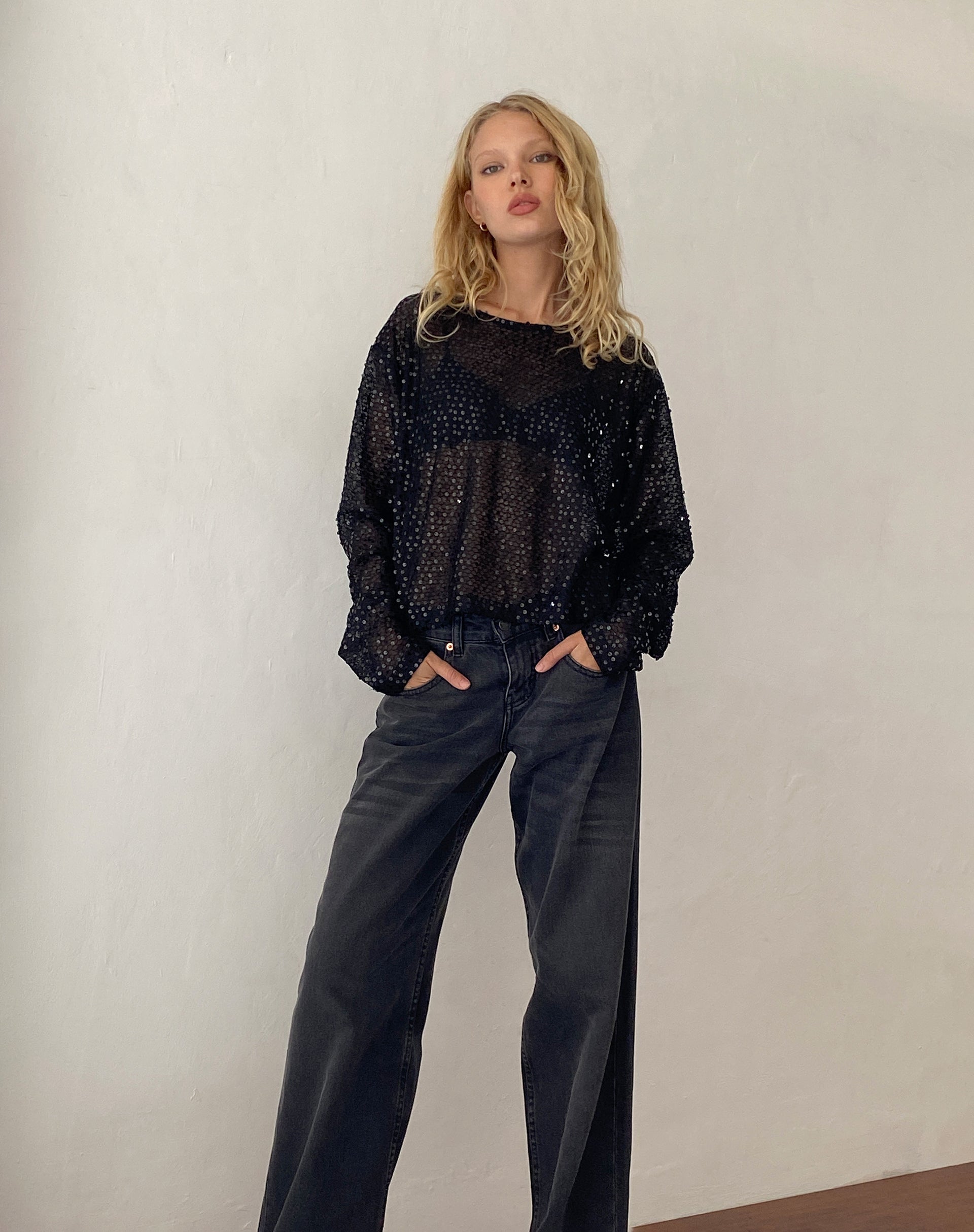 Aridani Unlined Long Sleeve Top in Black Sequin-Nico Sky