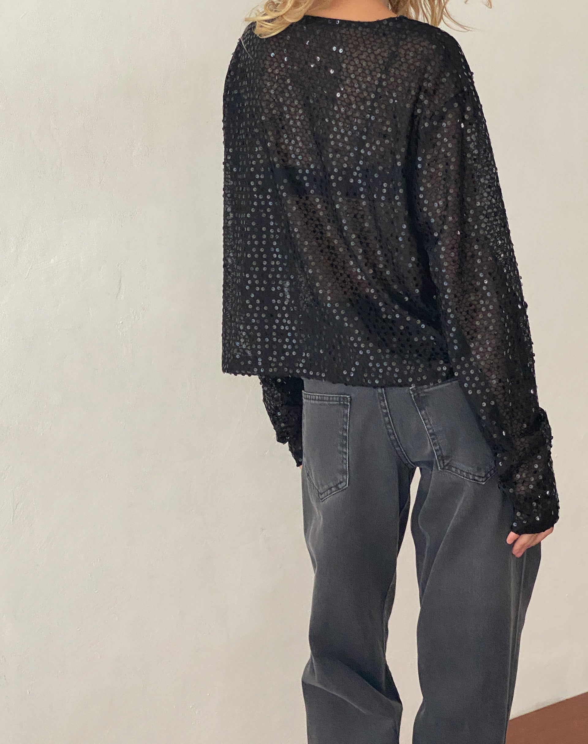 Aridani Unlined Long Sleeve Top in Black Sequin-Nico Sky